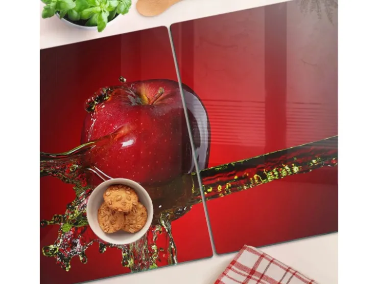 Best Tulup Herdabdeckplatte SET aus 2 Stück 40x52 cm Schneidebrett Glas Schutzplatte Küchenutensilien Apfel und Wasser Rot