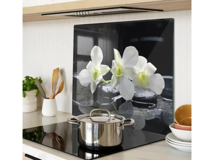 Schneidebretter|Herdabdeckungen<Tulup Herdabdeckplatte 60x52 cm Schneidebrett Glas Schutzplatte Küchenutensilien Spritzschutz Abdeckung Orchidee Schwarz