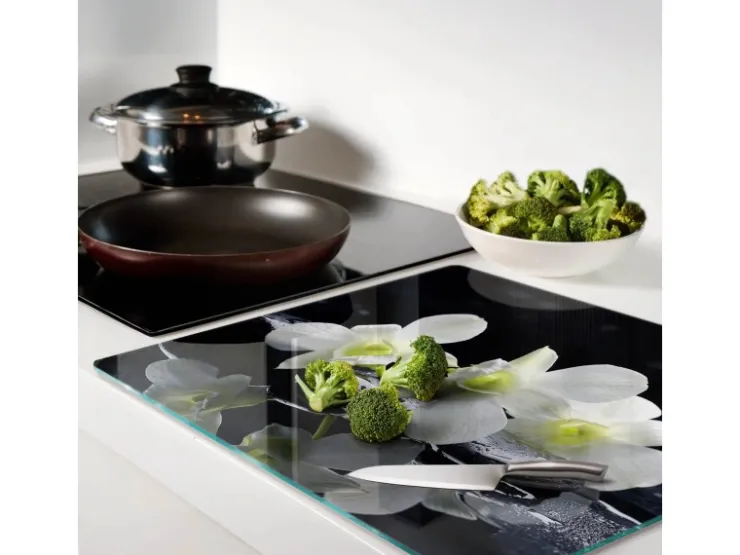 Schneidebretter|Herdabdeckungen<Tulup Herdabdeckplatte 60x52 cm Schneidebrett Glas Schutzplatte Küchenutensilien Spritzschutz Abdeckung Orchidee Schwarz
