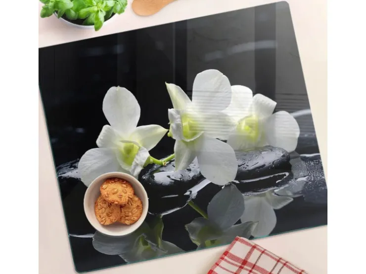 Schneidebretter|Herdabdeckungen<Tulup Herdabdeckplatte 60x52 cm Schneidebrett Glas Schutzplatte Küchenutensilien Spritzschutz Abdeckung Orchidee Schwarz