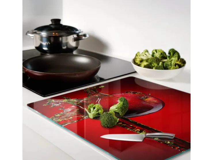 Hot Tulup Herdabdeckplatte 60x52 cm Schneidebrett Glas Schutzplatte Küchenutensilien Spritzschutz Apfel und Wasser Rot