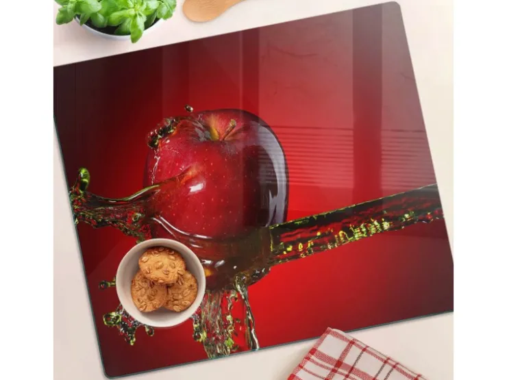 Hot Tulup Herdabdeckplatte 60x52 cm Schneidebrett Glas Schutzplatte Küchenutensilien Spritzschutz Apfel und Wasser Rot