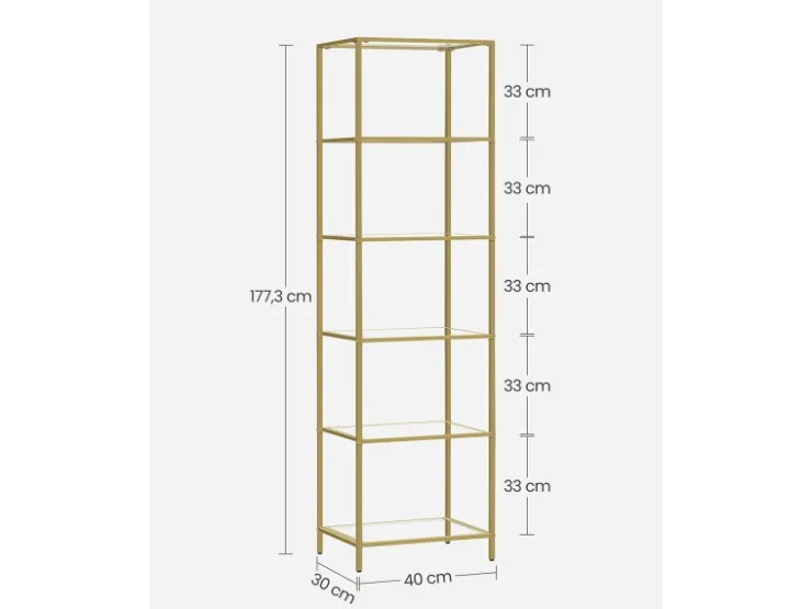 Vasagle Glasregal 6 Ablagen 30 cm x 40 cm x 177,3 cm Gold