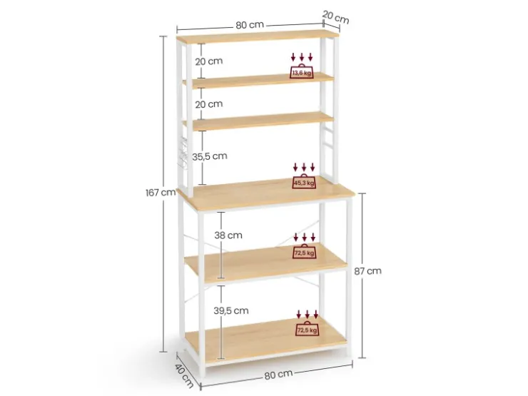 Outlet Vasagle Küchenregal Stahl 40 cm x 80 cm x 167 cm Eichefarben-Weiß