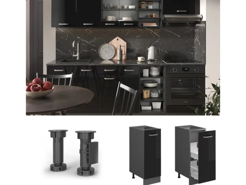 Clearance Vicco Apothekerschrank R-Line Schwarz Hochglanz/Anthrazit 30 cm ohne Arbeitsplatte Küchenschränke