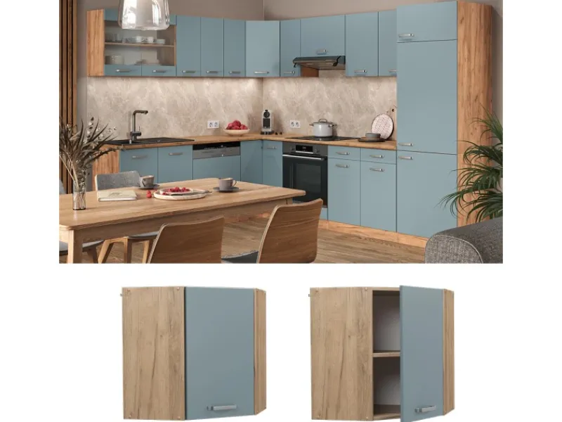 Hot Vicco Eckhängeschrank R-Line Küchen-Eckschrank Blau-Grau/Goldkraft Eiche 57 cm Küchenschränke