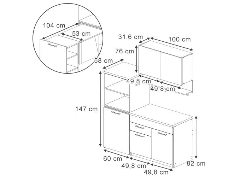 Outlet Vicco Egbert SingleKüche Greige 160 cm mit Ausziehbarem TischEgbert ohne E-Geräte Single-Küchen|Miniküchen