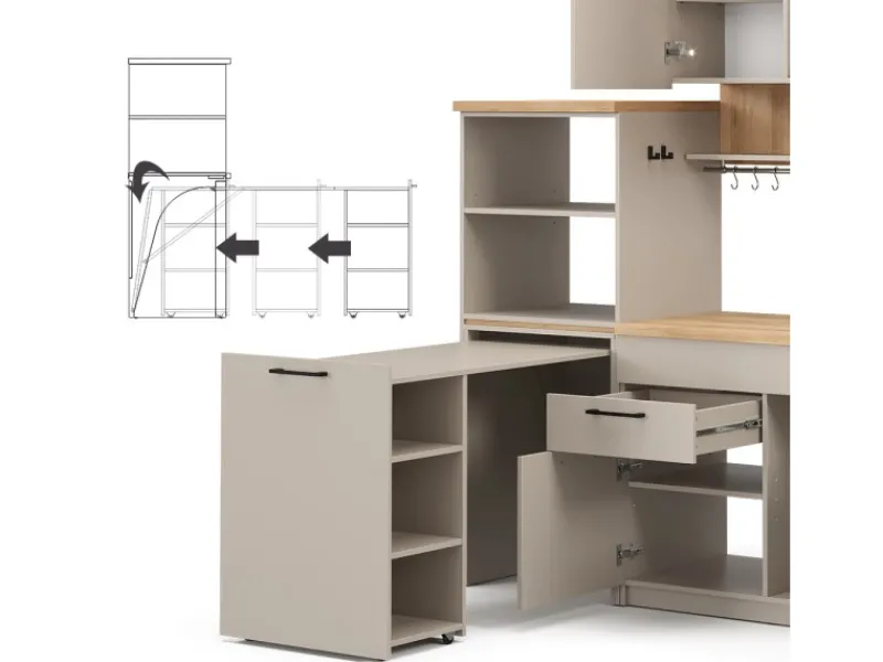 Outlet Vicco Egbert SingleKüche Greige 160 cm mit Ausziehbarem TischEgbert ohne E-Geräte Single-Küchen|Miniküchen