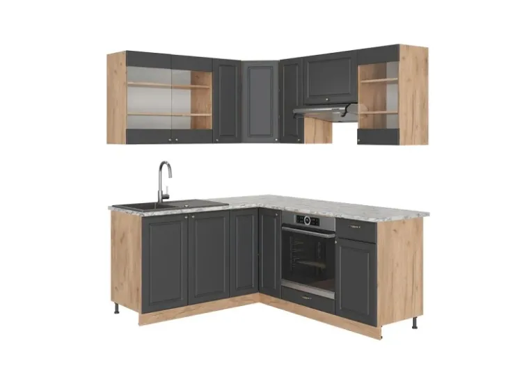 Winkelküchen<Vicco Fame-Line Eckküche Anthrazit Landhaus/Goldkraft Eiche 160 x 190 cm AP Marmor ohne E-Geräte Anthrazit Struktur
