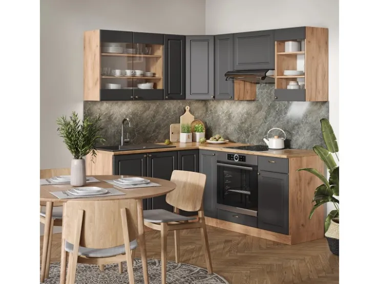 Winkelküchen<Vicco Fame-Line Eckküche Anthrazit Landhaus/Goldkraft Eiche 160 x 190 cm AP Marmor ohne E-Geräte Anthrazit Struktur