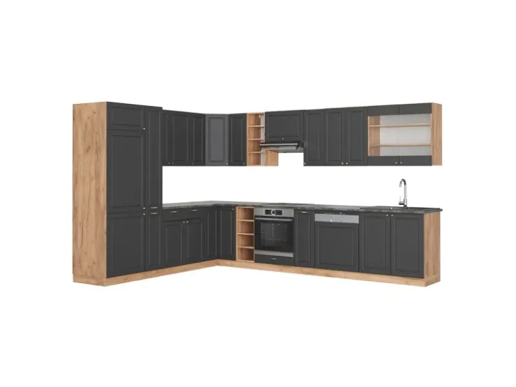 Winkelküchen|Einbauküchen<Vicco Fame-Line Eckküche Anthrazit Landhaus/Goldkraft Eiche 347 x 257 cm ohne Arbeitsplatte ohne E-Geräte Anthrazit Struktur