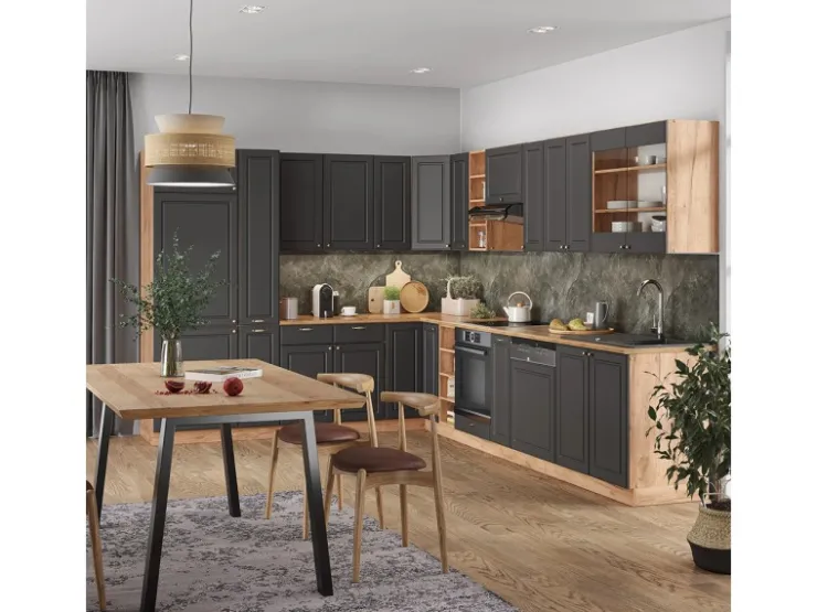 Winkelküchen|Einbauküchen<Vicco Fame-Line Eckküche Anthrazit Landhaus/Goldkraft Eiche 347 x 257 cm ohne Arbeitsplatte ohne E-Geräte Anthrazit Struktur