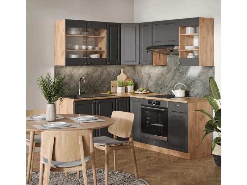 Best Vicco Fame-Line Eckküche Anthrazit Landhaus/Goldkraft Eiche 160 x 60 cm ohne Arbeitsplatte ohne E-Geräte Winkelküchen|Herde