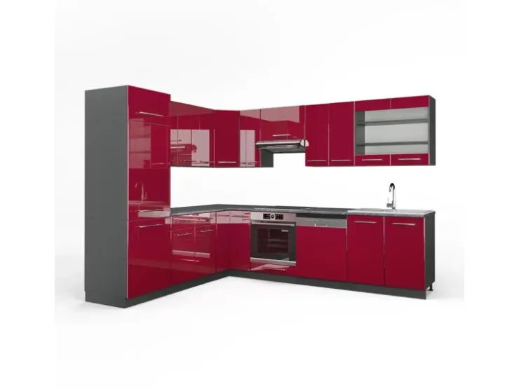 Winkelküchen<Vicco Fame-Line Eckküche Bordeaux Hochglanz/Anthrazit 227 x 60 cm ohne Arbeitsplatte ohne E-Geräte Brilliant Bordeaux
