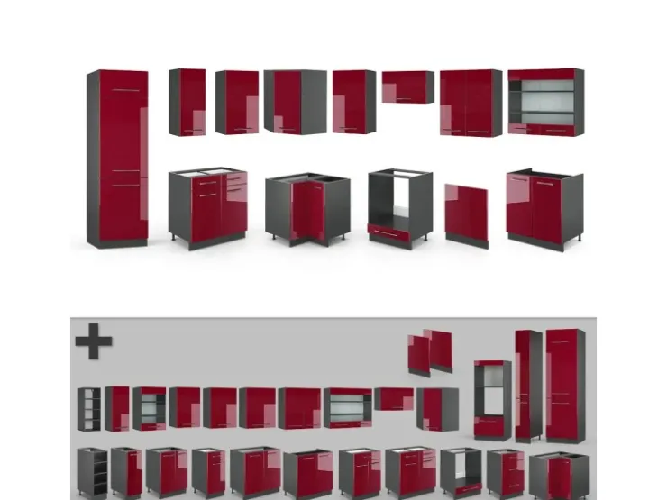 Winkelküchen<Vicco Fame-Line Eckküche Bordeaux Hochglanz/Anthrazit 227 x 60 cm ohne Arbeitsplatte ohne E-Geräte Brilliant Bordeaux