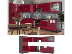 Winkelküchen<Vicco Fame-Line Eckküche Bordeaux Hochglanz/Anthrazit 347 x 257 cm AP Anthrazit ohne E-Geräte Brilliant Bordeaux