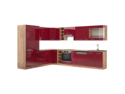 Winkelküchen<Vicco Fame-Line Eckküche Bordeaux Hochglanz/Goldkraft Eiche 347 x 257 cm AP Eiche ohne E-Geräte Bordeaux-Glanz