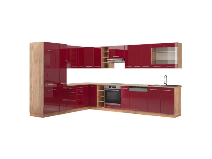 Winkelküchen<Vicco Fame-Line Eckküche Bordeaux Hochglanz/Goldkraft Eiche 347 x 257 cm AP Eiche ohne E-Geräte Bordeaux-Glanz