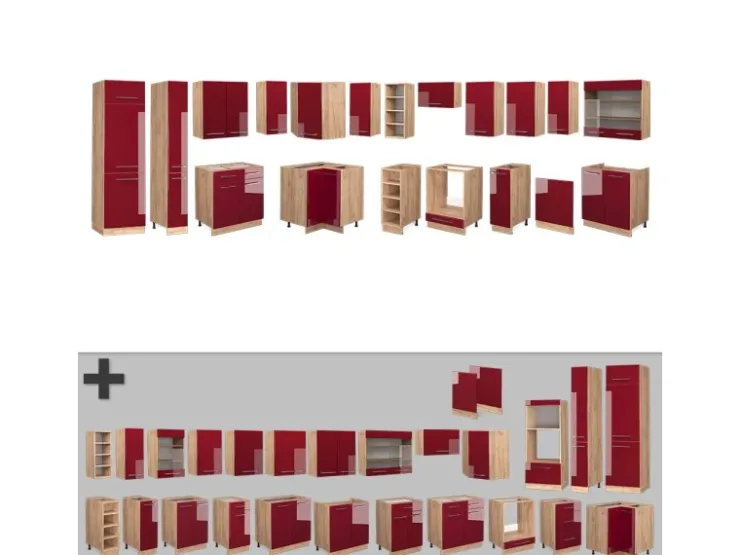 Winkelküchen<Vicco Fame-Line Eckküche Bordeaux Hochglanz/Goldkraft Eiche 347 x 257 cm AP Eiche ohne E-Geräte Bordeaux-Glanz