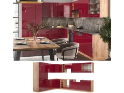 Winkelküchen<Vicco Fame-Line Eckküche Bordeaux Hochglanz/Goldkraft Eiche 347 x 257 cm AP Anthrazit ohne E-Geräte Bordeaux-Glanz
