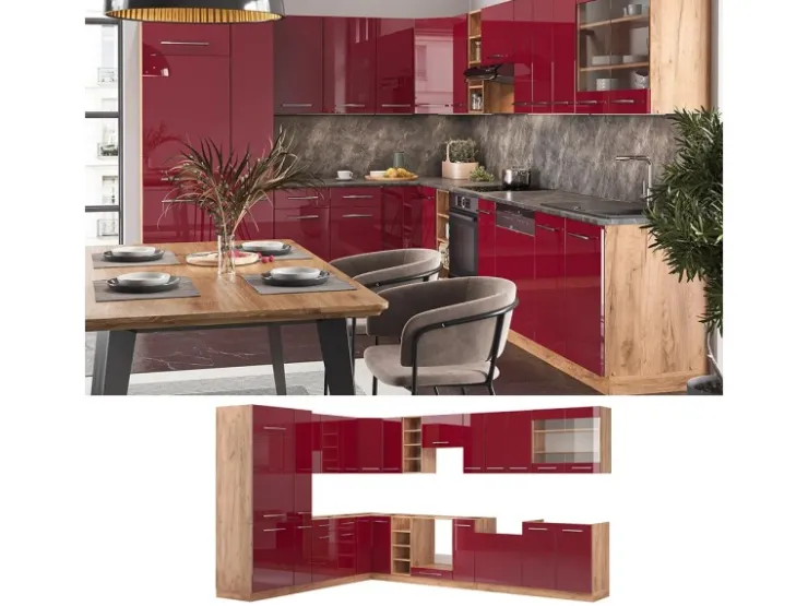 Winkelküchen<Vicco Fame-Line Eckküche Bordeaux Hochglanz/Goldkraft Eiche 347 x 257 cm AP Anthrazit ohne E-Geräte Bordeaux-Glanz