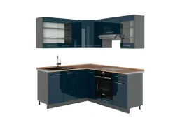 Winkelküchen<Vicco Fame-Line Eckküche Hochglanz/Anthrazit 160 x 190 cm AP Eiche ohne E-Geräte Dunkelblau