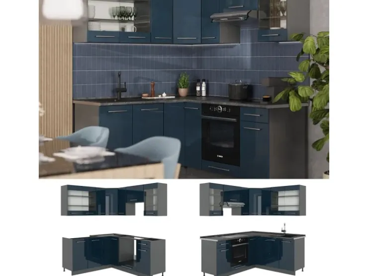 Winkelküchen<Vicco Fame-Line Eckküche Hochglanz/Anthrazit 160 x 190 cm AP Eiche ohne E-Geräte Dunkelblau