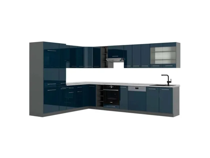 Vicco Fame-Line Eckküche Hochglanz/Anthrazit 257 x 60 cm AP Marmor ohne E-Geräte Dunkelblau