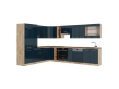 Winkelküchen|Einbauküchen<Vicco Fame-Line Eckküche Hochglanz/Goldkraft Eiche 257 x 60 cm AP Eiche ohne E-Geräte Dunkelblau