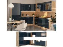 Winkelküchen|Einbauküchen<Vicco Fame-Line Eckküche Hochglanz/Goldkraft Eiche 257 x 60 cm AP Eiche ohne E-Geräte Dunkelblau