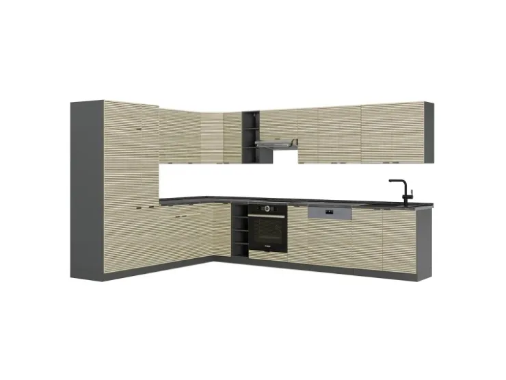 Outlet Vicco Fame-Line Eckküche Eiche Paneel/Anthrazit 347 x 257 cm AP Marmor ohne E-Geräte Winkelküchen