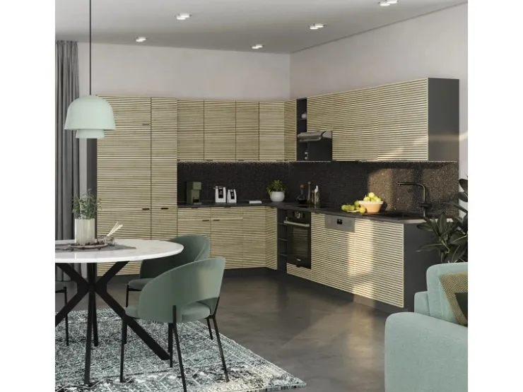 Outlet Vicco Fame-Line Eckküche Eiche Paneel/Anthrazit 347 x 257 cm AP Marmor ohne E-Geräte Winkelküchen