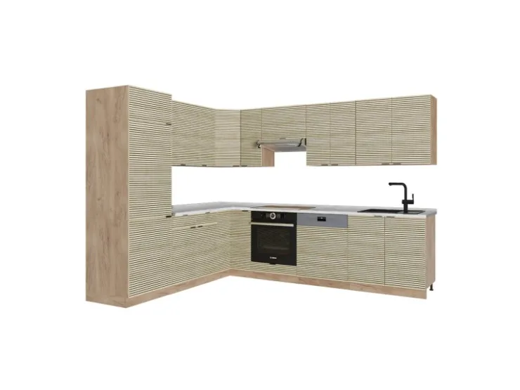 Winkelküchen<Vicco Fame-Line Eckküche Eiche Paneel/Goldkraft Eiche 227 x 60 cm ohne Arbeitsplatte ohne E-Geräte Berghütten Eiche