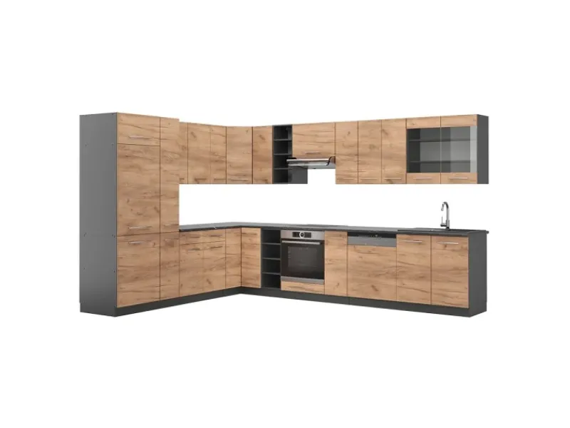 Best Vicco Fame-Line Eckküche Goldkraft Eiche/Anthrazit 347 x 257 cm ohne Arbeitsplatte ohne E-Geräte Winkelküchen|Kühlschränke