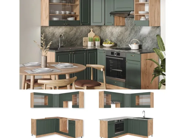 Sale Vicco Fame-Line Eckküche -Gold Landhaus/Goldkraft Eiche 160 x 190 cm AP Marmor ohne E-Geräte Grün