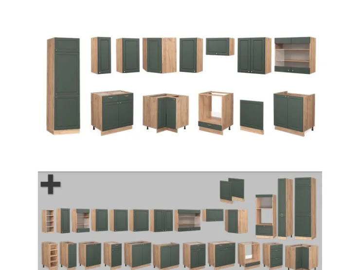 Winkelküchen<Vicco Fame-Line Eckküche -Gold Landhaus/Goldkraft Eiche 227 x 60 cm ohne Arbeitsplatte ohne E-Geräte Grün