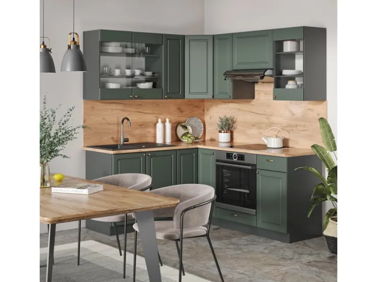Winkelküchen|Küchenschränke<Vicco Fame-Line Eckküche -Gold Landhaus/Anthrazit 160 x 190 cm AP Eiche ohne E-Geräte Grün
