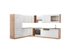 Winkelküchen<Vicco Fame-Line Eckküche Weiß Hochglanz/Goldkraft Eiche 347 x 257 cm ohne Arbeitsplatte ohne E-Geräte Hochglanz Weiß