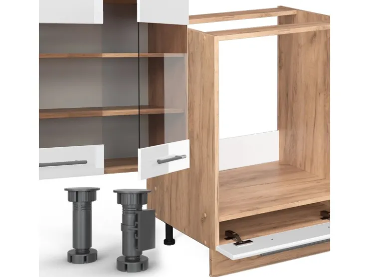 Winkelküchen<Vicco Fame-Line Eckküche Weiß Hochglanz/Goldkraft Eiche 347 x 257 cm ohne Arbeitsplatte ohne E-Geräte Hochglanz Weiß