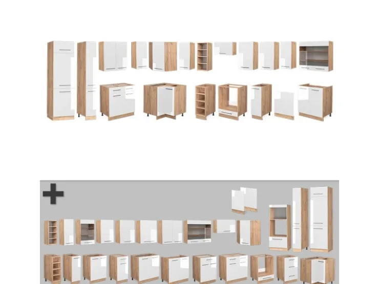 Winkelküchen<Vicco Fame-Line Eckküche Weiß Hochglanz/Goldkraft Eiche 347 x 257 cm ohne Arbeitsplatte ohne E-Geräte Hochglanz Weiß
