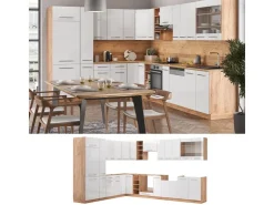 Winkelküchen<Vicco Fame-Line Eckküche Weiß Hochglanz/Goldkraft Eiche 347 x 257 cm AP Eiche ohne E-Geräte Hochglanz Weiß