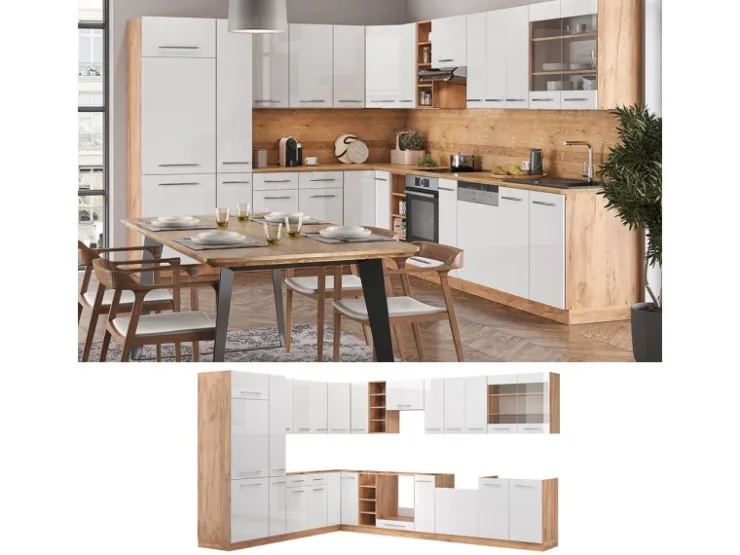 Winkelküchen<Vicco Fame-Line Eckküche Weiß Hochglanz/Goldkraft Eiche 347 x 257 cm AP Eiche ohne E-Geräte Hochglanz Weiß