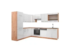 Winkelküchen<Vicco Fame-Line Eckküche Weiß Hochglanz/Goldkraft Eiche 227 x 287 cm AP Eiche ohne E-Geräte Hochglanz Weiß