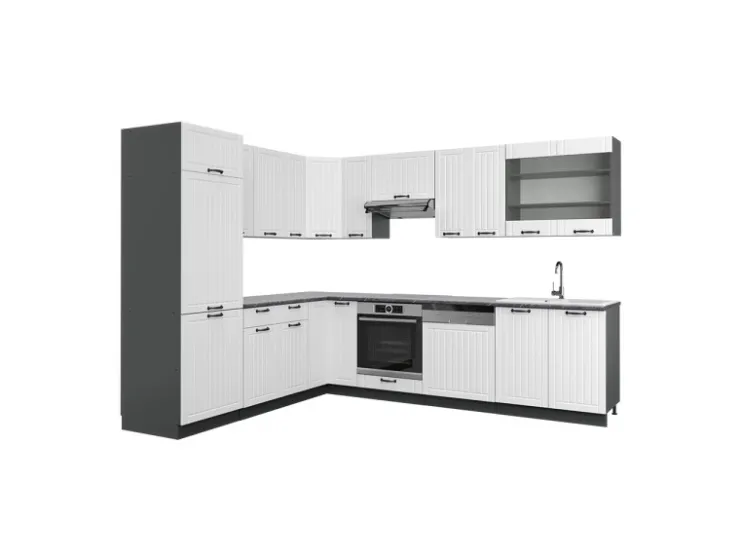 Winkelküchen<Vicco Fame-Line Eckküche Weiß Landhaus/Anthrazit 227 x 60 cm ohne Arbeitsplatte ohne E-Geräte Weiß Strukturiert