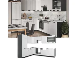 Winkelküchen<Vicco Fame-Line Eckküche Weiß Landhaus/Anthrazit 227 x 60 cm ohne Arbeitsplatte ohne E-Geräte Weiß Strukturiert