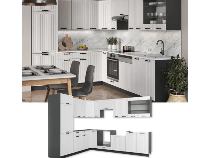Winkelküchen<Vicco Fame-Line Eckküche Weiß Landhaus/Anthrazit 227 x 60 cm ohne Arbeitsplatte ohne E-Geräte Weiß Strukturiert