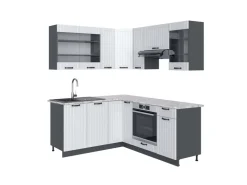 Winkelküchen<Vicco Fame-Line Eckküche Weiß Landhaus/Anthrazit 160 x 190 cm AP Marmor ohne E-Geräte Weiß Strukturiert
