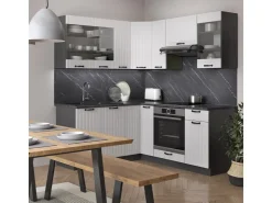 Winkelküchen<Vicco Fame-Line Eckküche Weiß Landhaus/Anthrazit 160 x 190 cm AP Marmor ohne E-Geräte Weiß Strukturiert