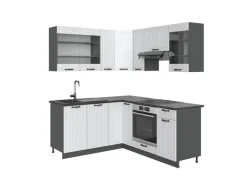 Winkelküchen<Vicco Fame-Line Eckküche Weiß Landhaus/Anthrazit 160 x 60 cm ohne Arbeitsplatte ohne E-Geräte Weiß Strukturiert