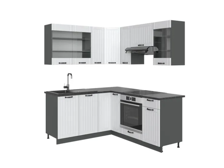 Winkelküchen<Vicco Fame-Line Eckküche Weiß Landhaus/Anthrazit 160 x 60 cm ohne Arbeitsplatte ohne E-Geräte Weiß Strukturiert